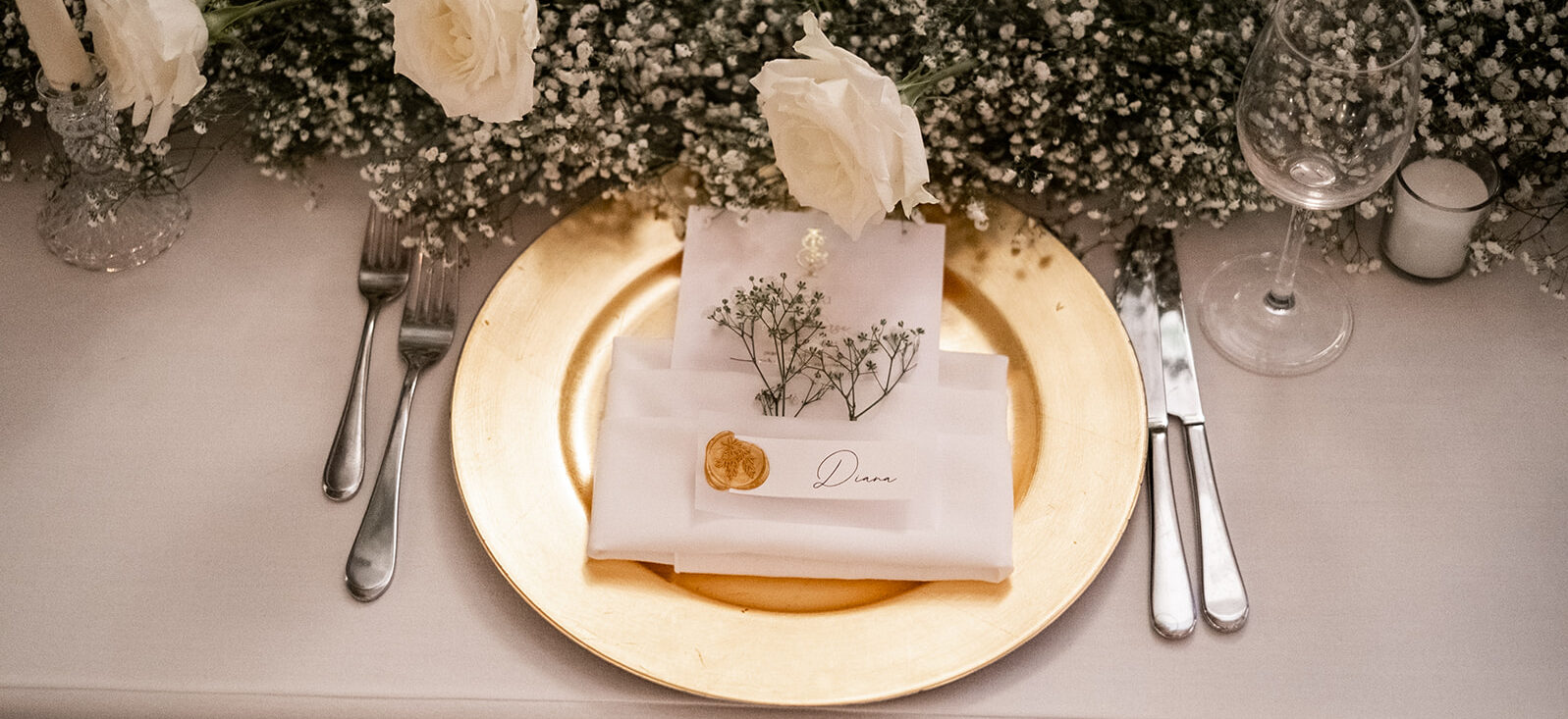 Wedding reception tables set up in the Watermark ballroom